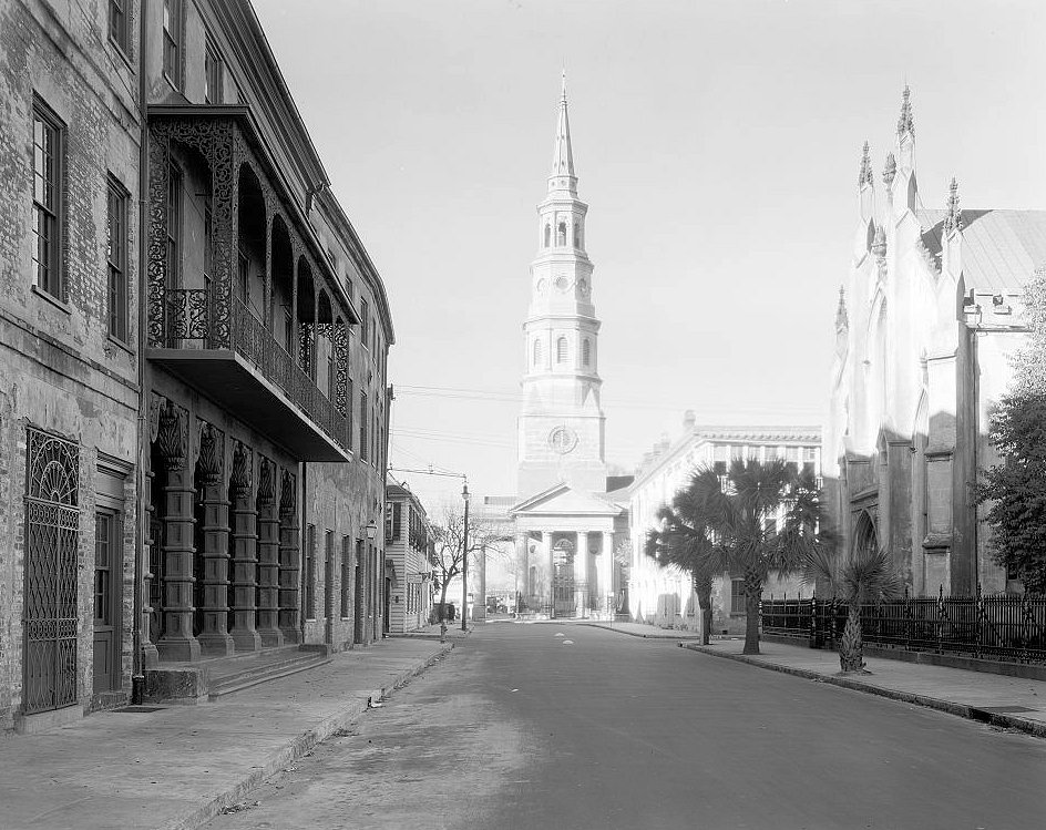 Church Street view with Dock Street Theatre and St. Philip's Church - Dock Street Theatre, Charleston South Carolina