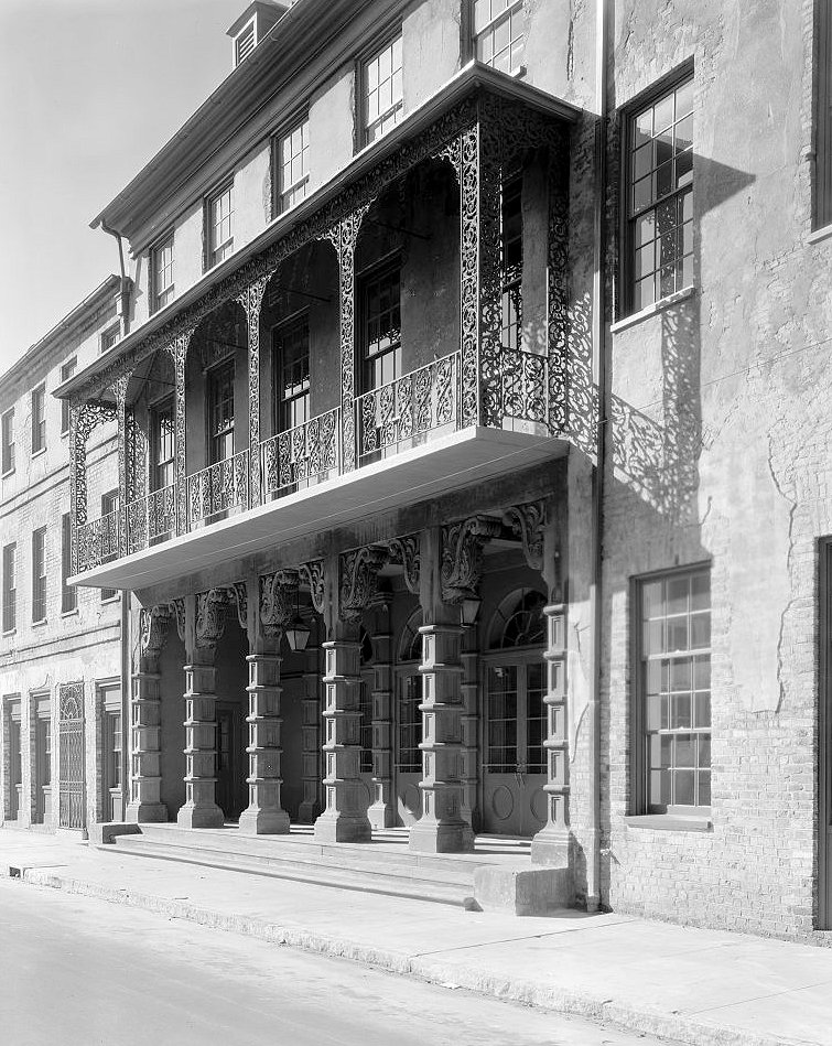 Church Street facade, balcony and columned entrance - Dock Street Theatre, Charleston South Carolina