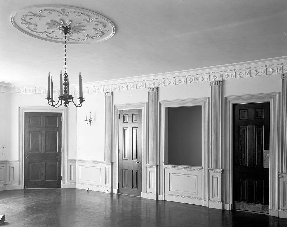 Reception room with decorative door surrounds and ceiling medallion - Dock Street Theatre, Charleston South Carolina