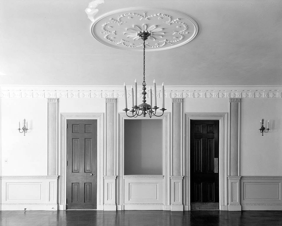 Reception room with decorative door surrounds and ceiling medallion - Dock Street Theatre, Charleston South Carolina