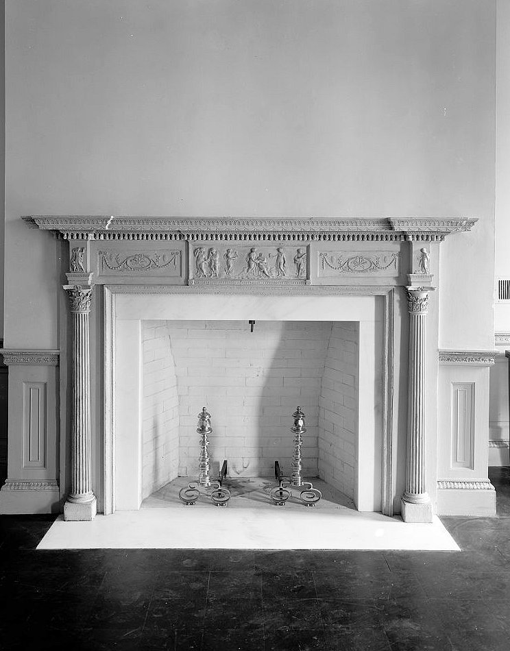 Fireplace, mantelpiece and andirons - Dock Street Theatre, Charleston South Carolina