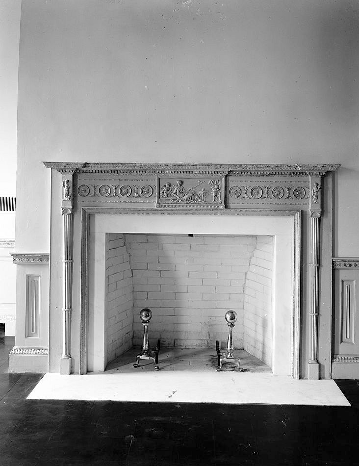Fireplace, mantelpiece and andirons - Dock Street Theatre, Charleston South Carolina