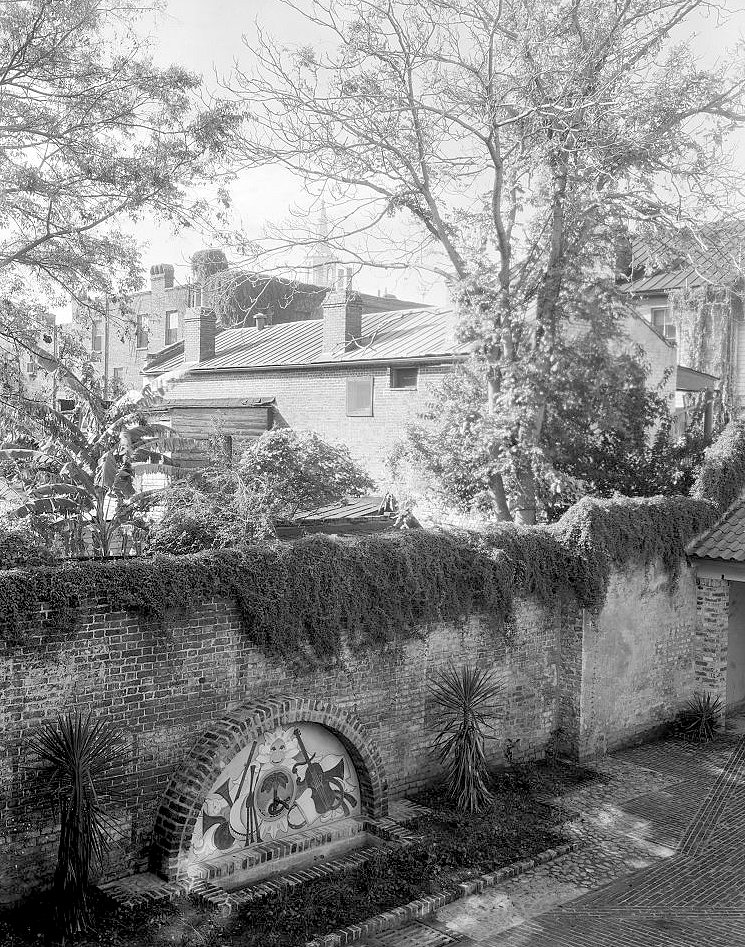 Courtyard, tiled roofs and garden walls - Dock Street Theatre, Charleston South Carolina