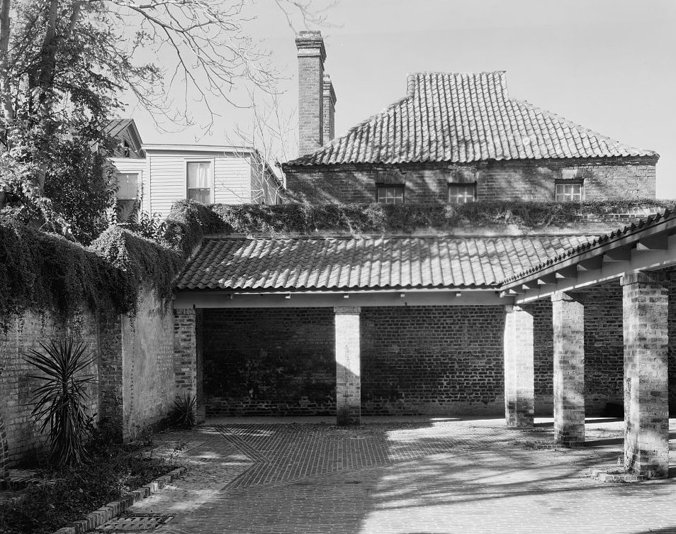 Courtyard, tiled roofs and garden walls - Dock Street Theatre, Charleston South Carolina