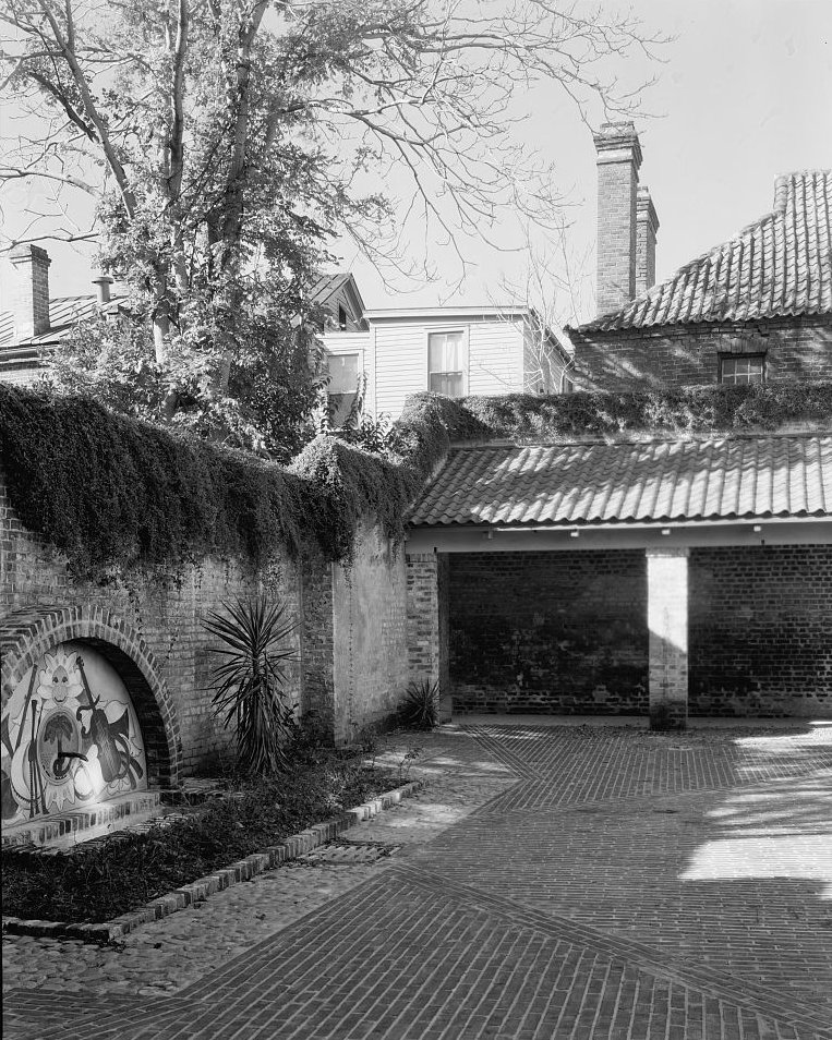 Courtyard, tiled roofs and garden walls - Dock Street Theatre, Charleston South Carolina