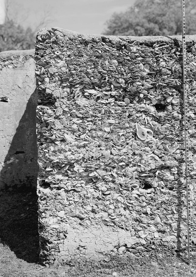 Ruins of the Edward House Plantation, Spring Island South Carolina 2003 MAIN HOUSE, CENTRAL BLOCK. DETAIL OF WEST FACE. NOTE HORIZONTAL TABBY POUR LINES AND CONCH SHELL