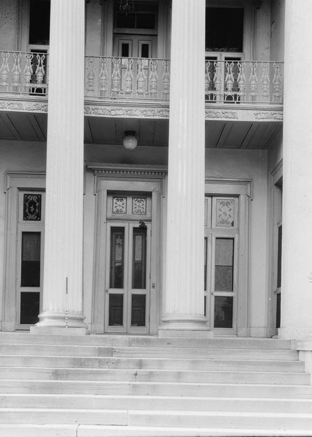 Belmont Mansion, Nashville Tennessee 1936 DETAIL OF ENTRANCE DOORS AND CAST IRON BALCONY (LOOKING NORTH).