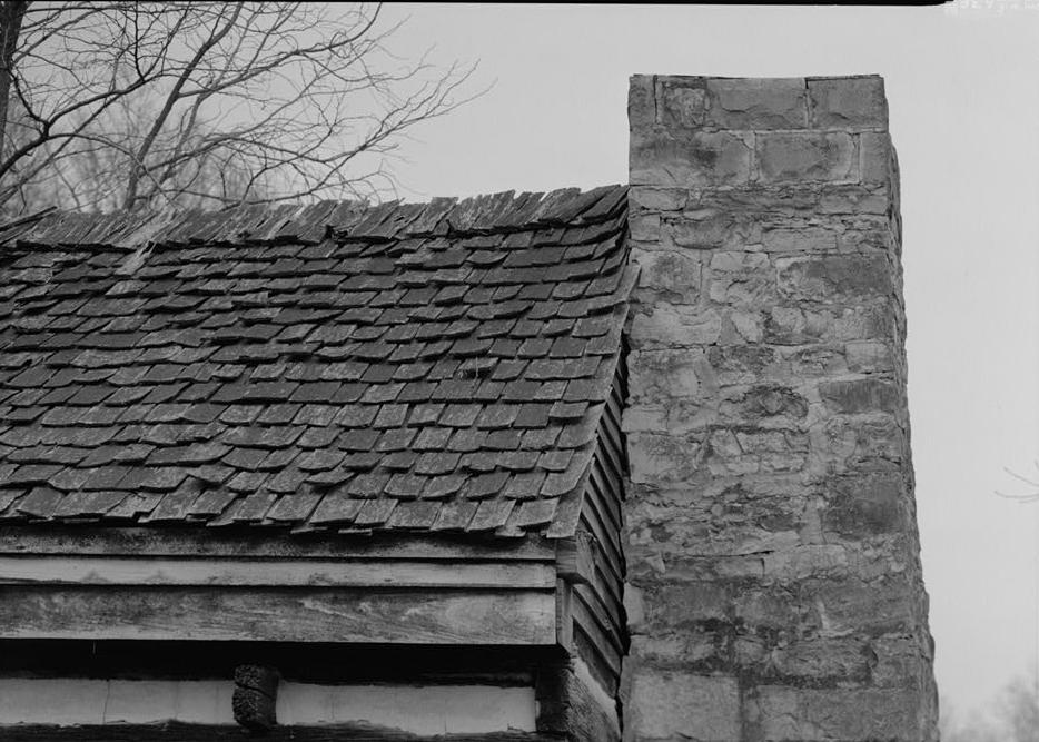 The Hermitage - Andrew Jackson House, Nashville Tennessee 1999 West elevation, south end showing the roof ridge, roof cover (shingles) and upper section of the stone masonry chimney stack