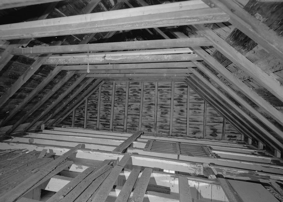 The Hermitage - Andrew Jackson House, Nashville Tennessee 1999 Interior of loft, looking toward the north gable (Note: most of flooring is gone & gate formerly placed across the entrance now lying across ceiling joists; ceilings joists are white washed but loft currently is not)
