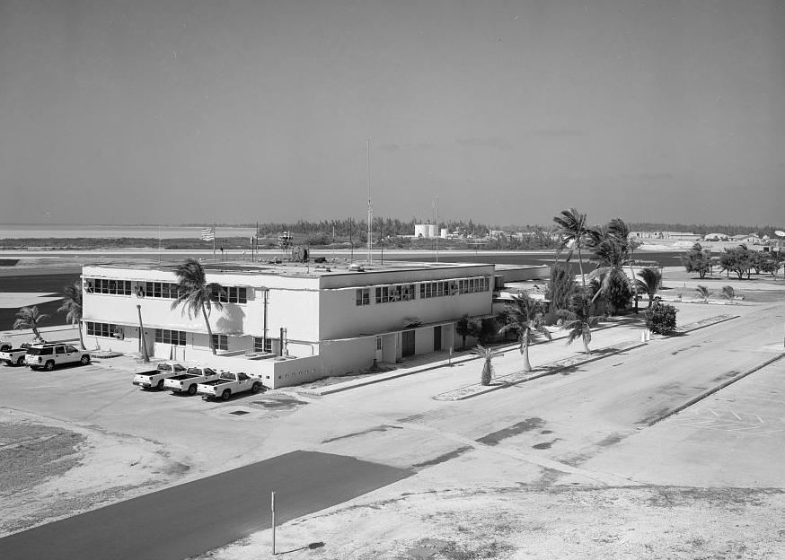 Wake Island Airfield, Terminal Building, Wake Island WAKE ISLAND AIRFIELD TERMINAL, LOOKING NORTHWEST FROM BUCKET TRUCK (2008)
