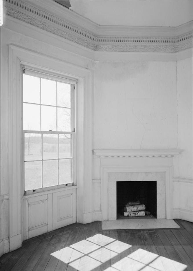Poplar Forest - Thomas Jefferson Retreat, Forest Virginia FIRST FLOOR, SOUTH ROOM. WEST WALL WITH FIREPLACE AND WINDOW ON SOUTHWEST WALL (1986)