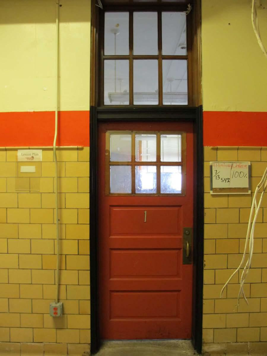 Baker Public School, Richmond Virginia 1939 Building Basement, typical basement door and transom (2015)