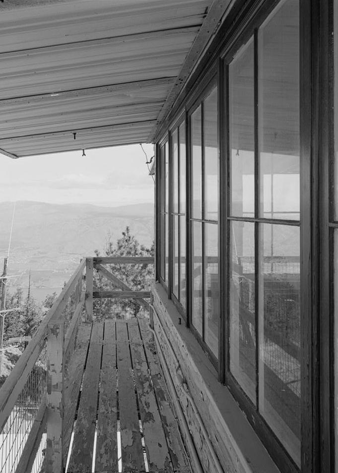 Chelan Butte Lookout - Fire Watchtower, Chelan Washington 1995 Walkway on west side of lookout, windows and shutters in the open position.  Camera is pointed N.