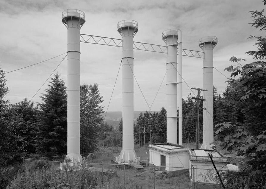 Puget Sound Power & Light Company, White River Hydroelectric Project, Dieringer Washington Standpipes and 4-1 and 4-2 valve houses, looking northwest towards Dieringer (1989)
