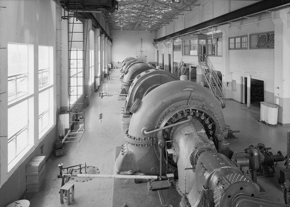 Puget Sound Power & Light Company, White River Hydroelectric Project, Dieringer Washington Generator room in powerhouse; turbine unit no. 4 is in foreground; looking north (1989)