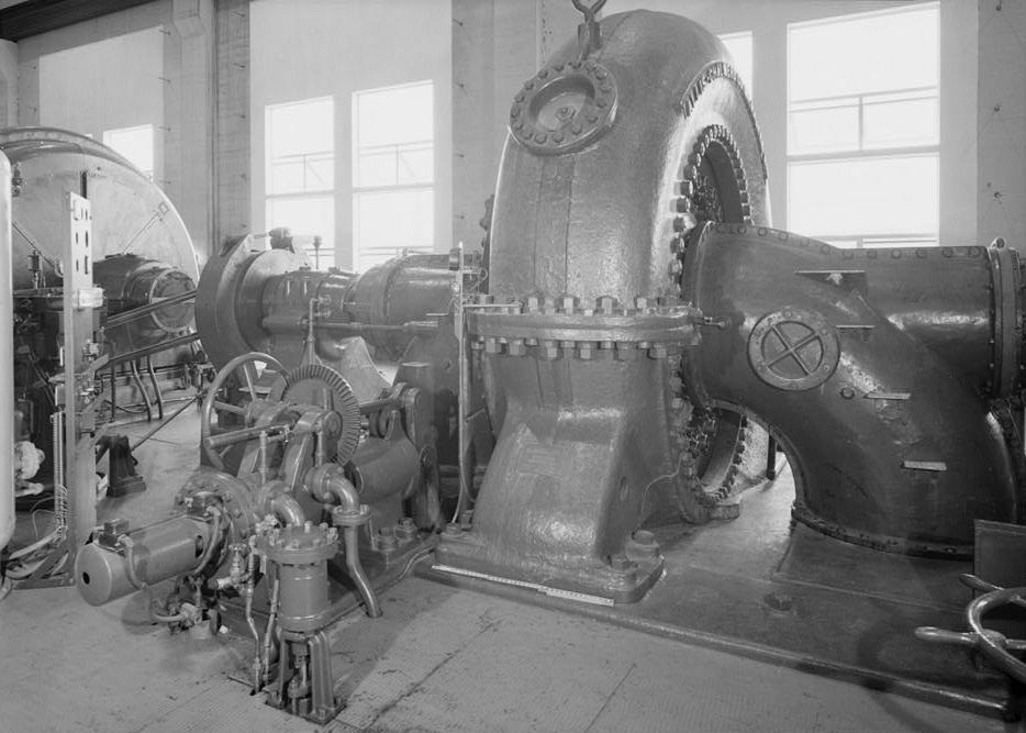 Puget Sound Power & Light Company, White River Hydroelectric Project, Dieringer Washington Turbine unit no. 2, manufactured in 1910 by the Allis Chalmers Company of Milwaukee, Wisconsin; looking southwest (1989)
