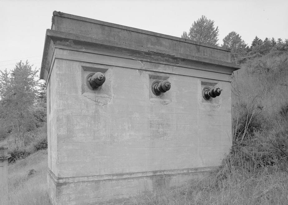 Puget Sound Power & Light Company, White River Hydroelectric Project, Dieringer Washington Lightning arrester on hillside above powerhouse; looking north (1989).