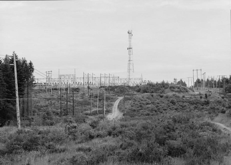 Puget Sound Power & Light Company, White River Hydroelectric Project, Dieringer Washington Transformer yard above White River powerhouse, looking northwest (1989)