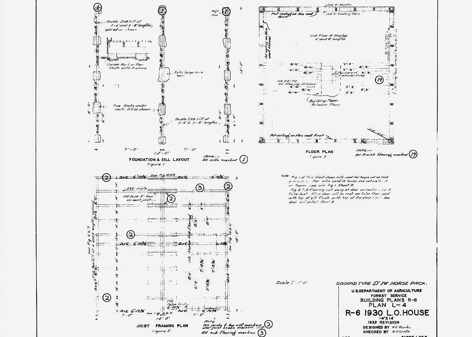 Badger Mountain Lookout Fire Watchtower, East Wenatchee Washington Photocopy of "sheet 1 of 8" showing foundation and Sill layout, floor plan and Joist framing plan.