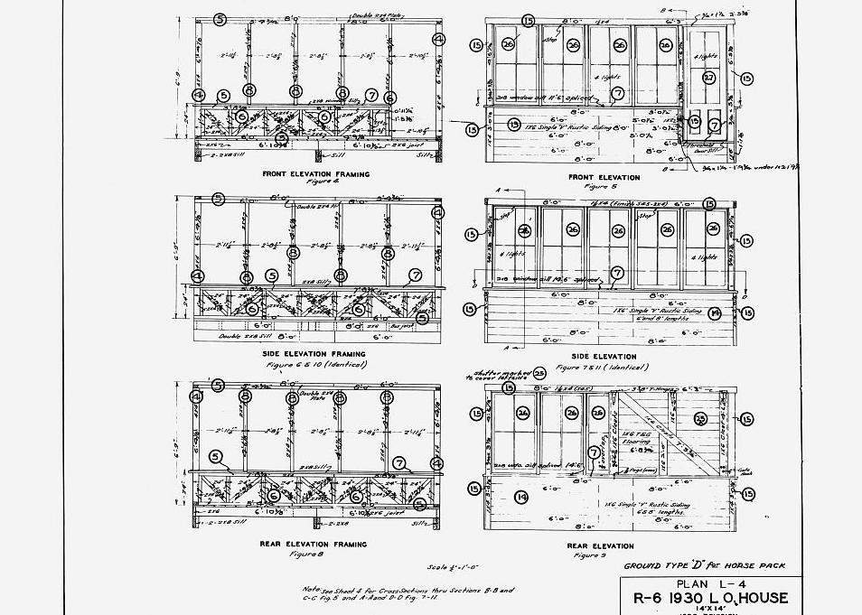 Badger Mountain Lookout Fire Watchtower, East Wenatchee Washington Photocopy of "sheet 2 of 8" showing front, side and rear elevations and the framing for those elevations.