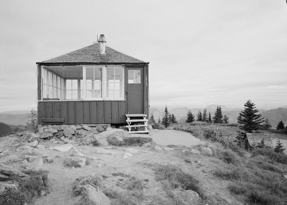Suntop Lookout Fire Watchtower, Greenwater Washington 1988 SOUTH FRONT, STORAGE SHED TO RIGHT AND BELOW