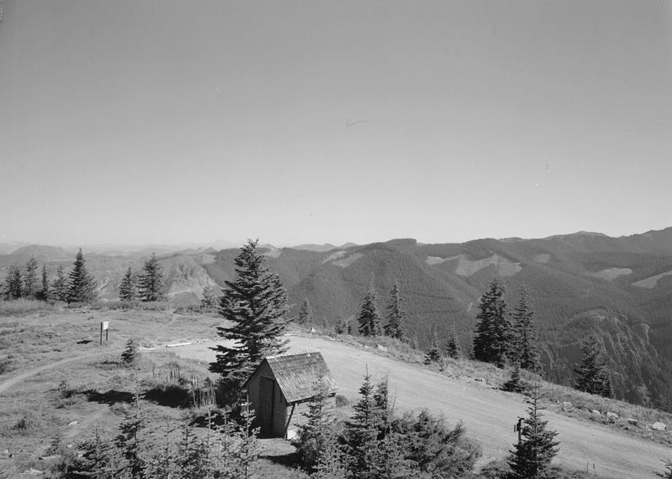 Suntop Lookout Fire Watchtower, Greenwater Washington 1989 VIEW TO NORTHEAST, STORAGE SHED IN FOREGROUND, PARKING LOT IN MIDDLE GROUND AND TO RIGHT