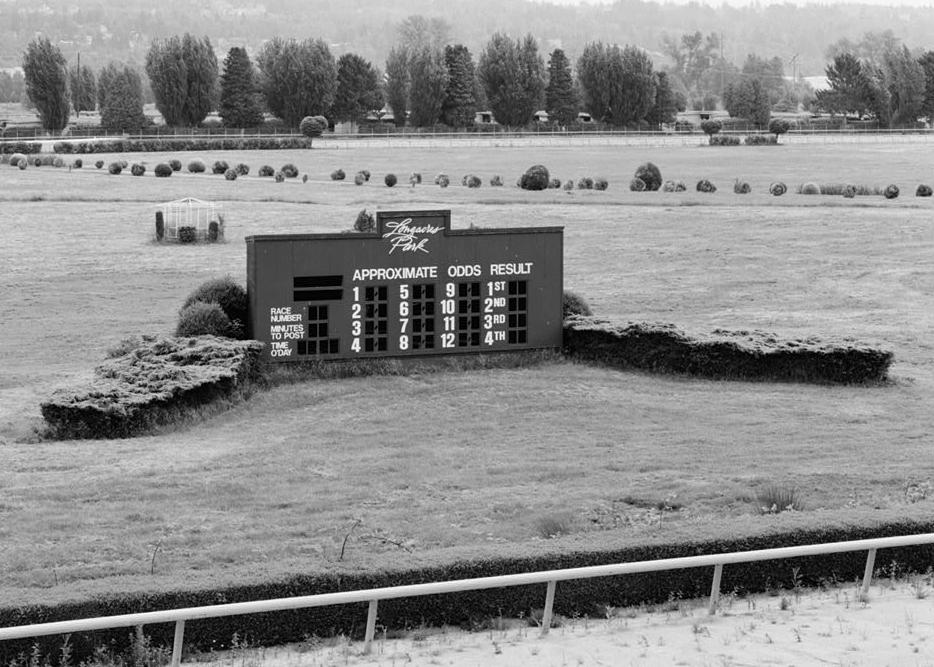 Longacres Park Horse Track, Renton Washington North Tote Board as viewed from the North Grandstand. (May 1993)