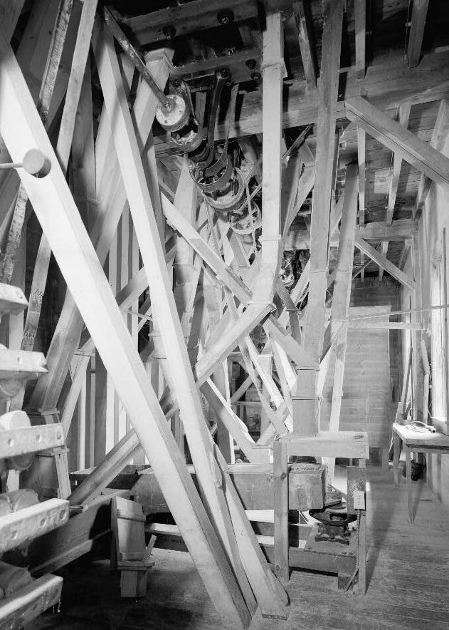 Fisher-Fallgatter Flour Mill, Waupaca Wisconsin 1979 Interior view, second floor, showing numerous spouts and Simpson Rotex sifter (Orville Simpson, Co; Cincinnati) on floor in middle-foreground.