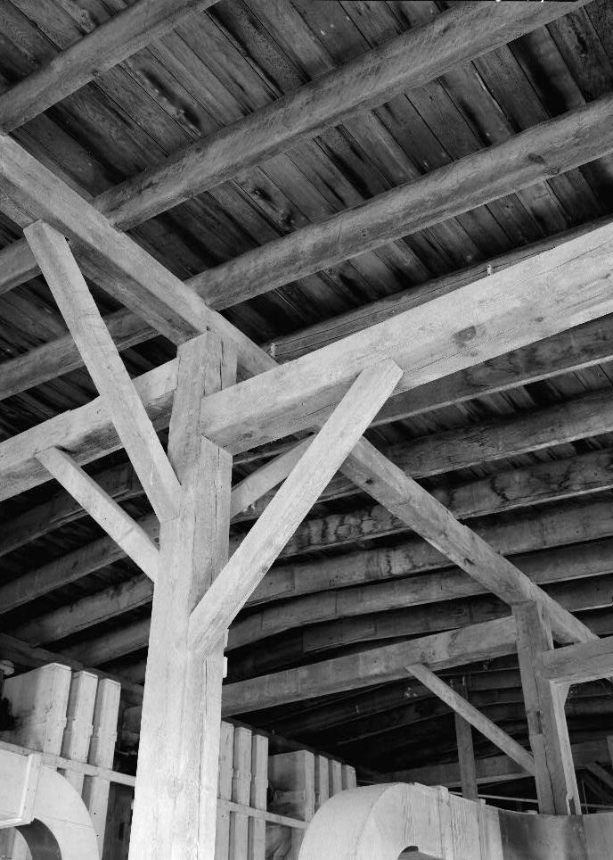Fisher-Fallgatter Flour Mill, Waupaca Wisconsin 1979 Interior view of framing of 3rd floor ceiling.