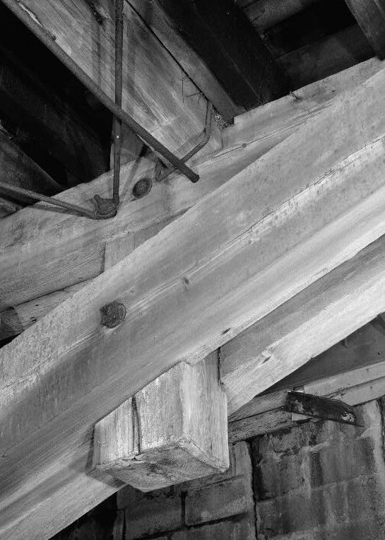 Barrackville Covered Bridge West Virginia 1972  CONNECTION OF VERTICAL TO ARCH RIBS BELOW DECK.