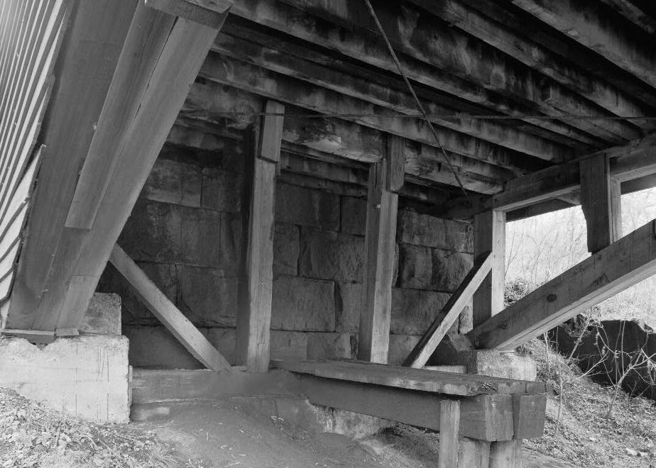 Barrackville Covered Bridge West Virginia 1978 ABUTMENT DETAIL UNDER BRIDGE, RR SIDE.