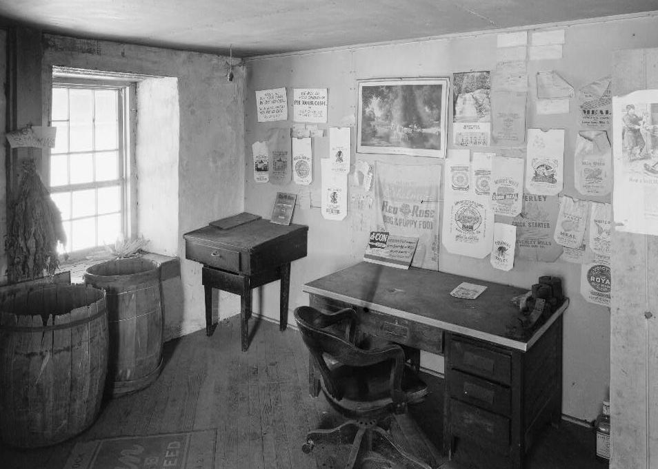 Bunker Hill Grist Mill - Cline and Chapman Roller Mill, Bunker Hill West Virginia Ground floor, general view of Mill Office (1980)