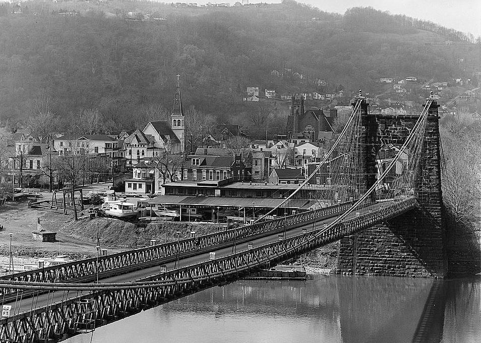 Wheeling Suspension Bridge, Wheeling West Virginia THREE-QUARTER VIEW OF BRIDGE, LOOKING SOUTHWEST, TOWARDS MADISON. 1976