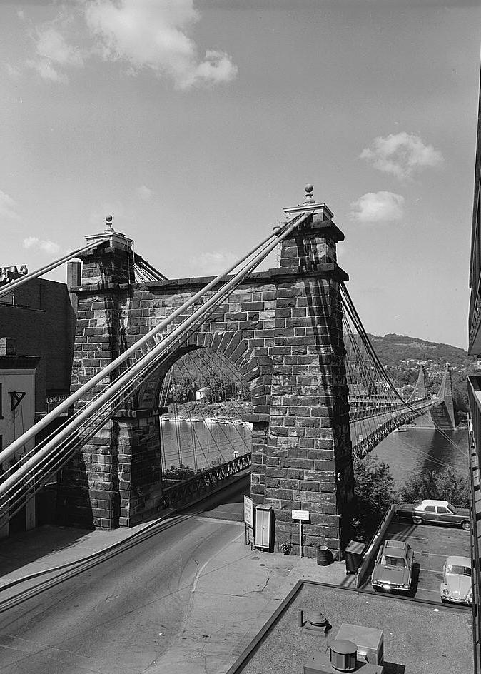 Wheeling Suspension Bridge, Wheeling West Virginia VIEW OF BRIDGE LOOKING TOWARDS MADISON, WITH WHEELING TOWER IN FOREGROUND. 1976