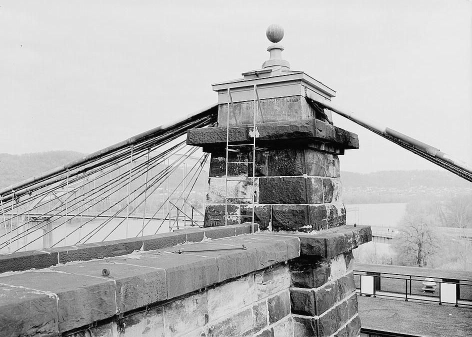 Wheeling Suspension Bridge, Wheeling West Virginia TOP OF EAST TOWER. 1977